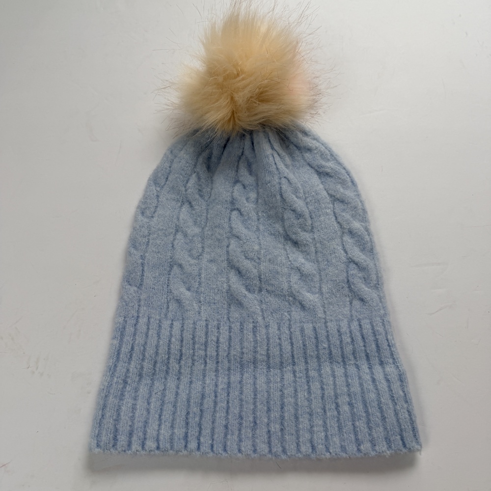 J. Crew Pom beanie extra-soft yarn Womens One Size Hthr Sky Blue Cable Knit